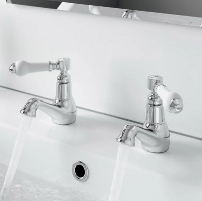 Traditional Basin Sink Taps Bathroom Hot Cold Chrome Ceramic Twin Lever Handles from B&Q