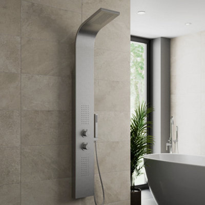 Thermostatic Shower Panel Column Tower Body Jets Twin Head Bathroom Silver