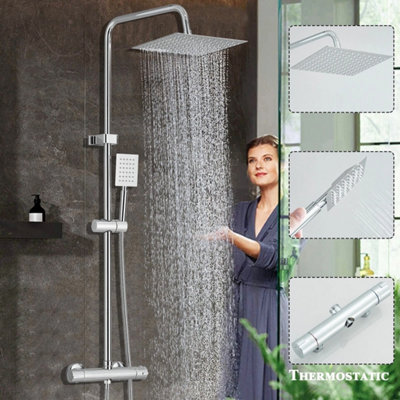 Bathroom Mixer Shower Thermostatic Dual Head Square Rainfall Head Handset from B&Q