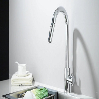 Chrome Kitchen Mixer Tap With Pull Out Hose Spray Single Lever Monobloc Faucet
