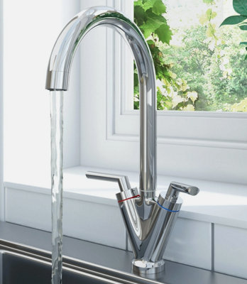 - Modern Kitchen Mixer Tap Dual Lever Swivel Spout Mono Chrome Sink Taps Faucet