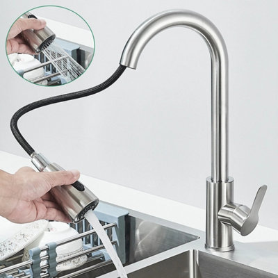  - Pull Out Kitchen Sink Mixer Tap Spray Mono  Swivel Spout Single Lever Nickel