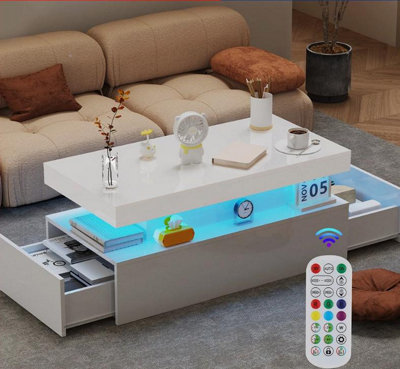  - High Gloss Led Coffee Table With Storage Wooden 2 Drawer Living Room Furniture