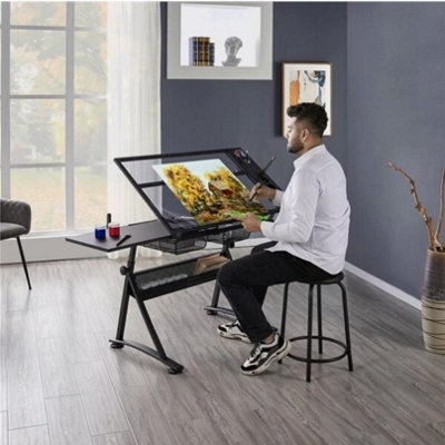 Adjustable Glass Drafting Table With 2 Drawer Art Craft Drawing Board With Stool from B&Q