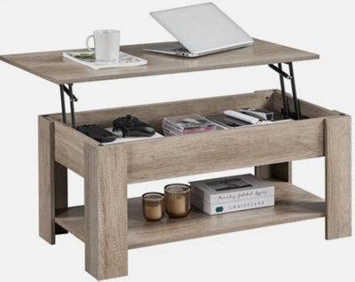  - Wooden Coffee Table With Storage Lift Up Top And Shelf For Living RoomGray