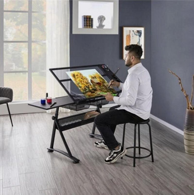 Adjustable Glass Drafting Table With 2 Drawer Art Craft Drawing Board With Stool from B&Q