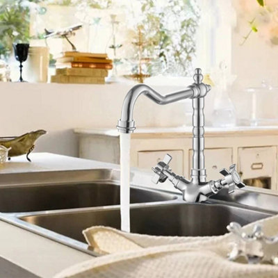  - Kitchen Monobloc Sink Mixer Tap Swivel Spout French Cross Handles