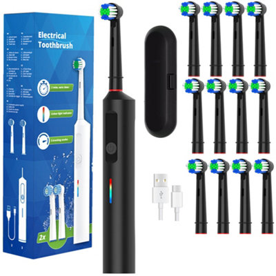 Black Toothbrush Electric Rechargeable Pro Rotating Brush Heads Timer Modes Usb from B&Q