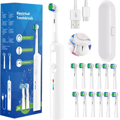 White Toothbrush Electric Rechargeable Pro Rotating Brush Heads Timer Modes Usb from B&Q