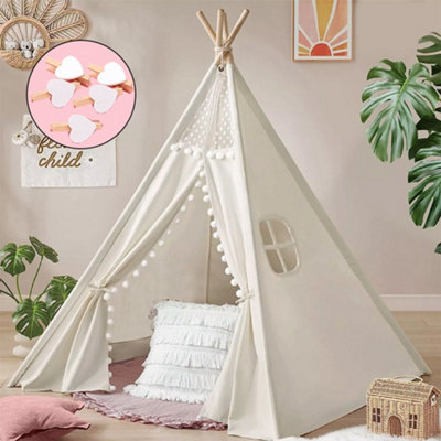  - 160Cm White Canvas Kids Teepee Star Wood Indian Tent  In/outdoor Play House