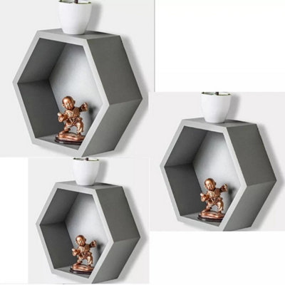 Set Of 3 Floating Wall Shelves Hexagon Storage Wall Honeycomb Shape Display Rack Grey from B&Q