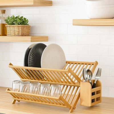 Bamboo Wooden Dish Drainer Cutlery Rack Foldable With Utensils Holder Organizer from B&Q