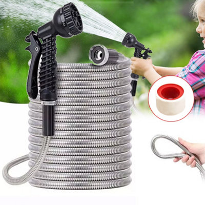 50Ft Stainless Steel Garden Hose Pipe Water Kink-Free With Spray Gun from B&Q