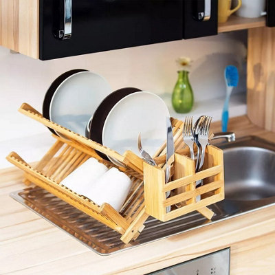 Dish Drainer Cutlery Rack Bamboo Set Of 2 Foldable Wooden With Utensils Holder from B&Q