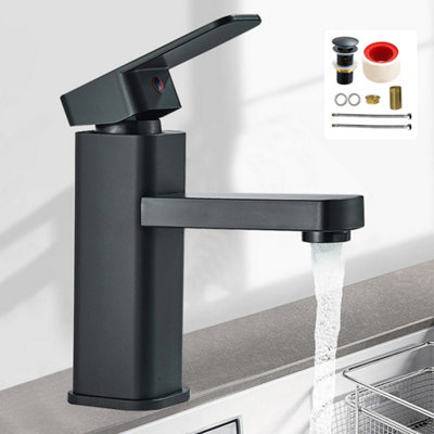  - Black Sink Mixer Tap Cloakroom Basin Waterfall Mono Bathroom Tap Fixings + Waste