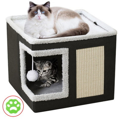 Large Cat Cube House Cosy Foldable Bed Pet Cave Furry Soft Cushions Scratch Pads from B&Q