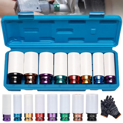  - 8Pcs 1/2" Drive Alloy Wheel Nut Thin Wall Deep Impact Socket Set 15 mm-27 mm
