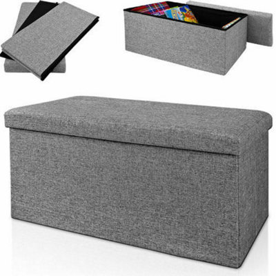 Large Grey Linen Ottoman Storage Box Pouffe Toy Heavy Duty Folding Seat Stool from B&Q
