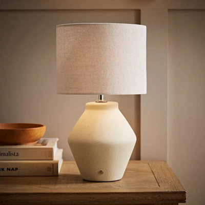 Rechargeable Table Lamp Ceramic Base Natural Lampshade Living Room Bedside Light