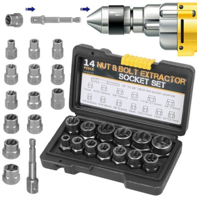 14Pcs Impact Damaged Bolt Nut Screw Remover Extractor Set Twist Socket Tool Kit from B&Q