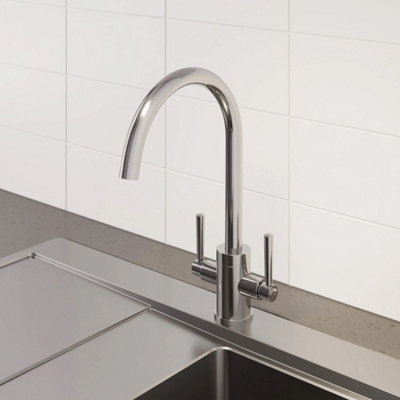  - Modern Mono Kitchen Sink Mixer Tap Twin Lever Chrome Curved Swivel Spout Faucet