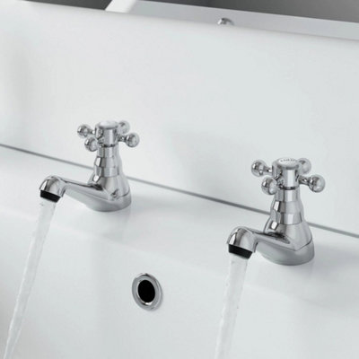 Traditional Bathroom Twin Basin Sink Taps 2 Tap Hole Brass Cross Handle Chrome