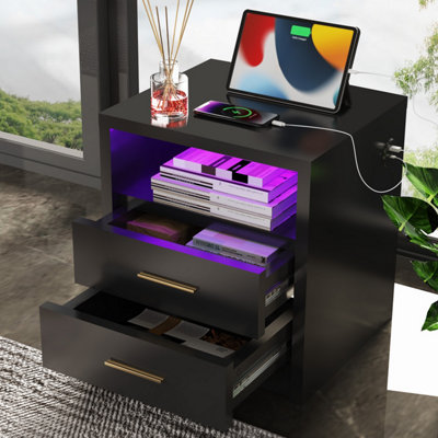  - Led Bedside Table 2 Drawers Cabinet Charging Station Nightstand Storage Modern Black