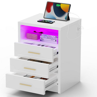  - White Bedside Table Rgb Led 3 Tier Storage Cabinet Nightstand With Charging Station