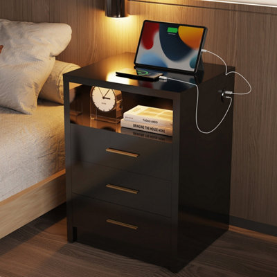 - Black Bedside Table Rgb Led 3 Tier Storage Cabinet Nightstand With Charging Station
