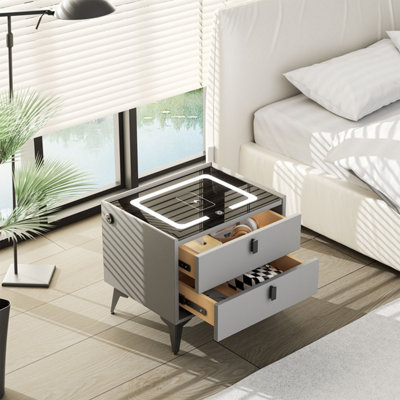  - Led Bedside Table 2 Drawers Cabinet Charging Station Nightstand Storage Grey