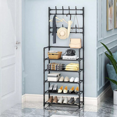  - 5 Tiers 8 Hooks Hat And Coat Hanger Stand Shoe Rack Black Metal Shelf Storage Organiser