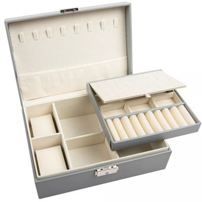 2 Layer Grey Jewellery Box Organizer Rings Necklaces Jewellry Storage Case Box from B&Q