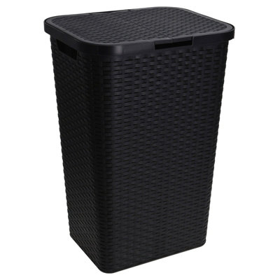 Black Laundry Clothes Storage Washing Bin Basket Hamper 60L Large Plastic Rattan Style from B&Q