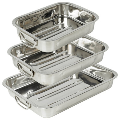 3 Pcs Stainless Steel Roasting Oven Trays Tins Dish Set Roaster Bakeware Pans from B&Q