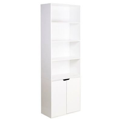  - 6 Tier White Bookcase With 2 Door Cupboard Cabinet Storage Shelving Display Wood Shelf