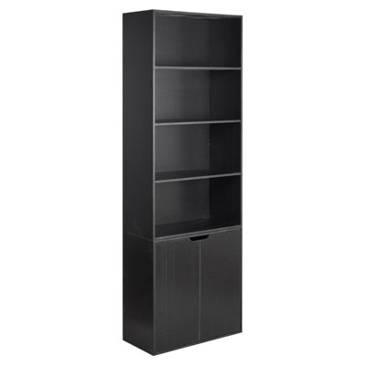  - 6 Tier Black Bookcase With 2 Door Cupboard Cabinet Storage Shelving Display Wood Shelf