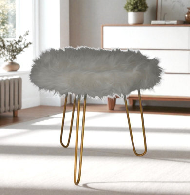  - Grey Stool Faux Fur Vanity Dressing Table Chair Seat Foot Rest With Gold Hairpin Legs