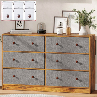  - Rustic 6-Drawer Chest Of Drawers With Fabric Storage & Wood Effect TopGrey & Brown Bedroom Dresser