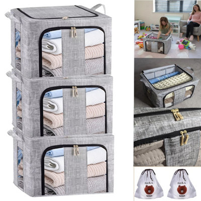  - 3Pcs 66L Folding Storage Box Made Of Thick Fabric Steel Frame Wardrobe