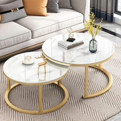  - Modern Nesting Coffee Table Set2-Piece Round Marble Effect Tables With Gold Metal Legs