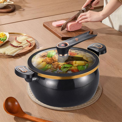 8L Black Non-Stick Micro Pressure Cooker Pot With Glass Lid & Gold AccentsFast & Flavorful Cooking from B&Q