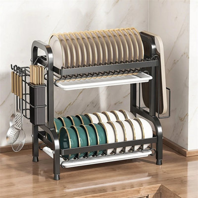 2 Tiers Large Dish Drainer Plate Rack Dryer Cutlery Holder With Drip Tray from B&Q