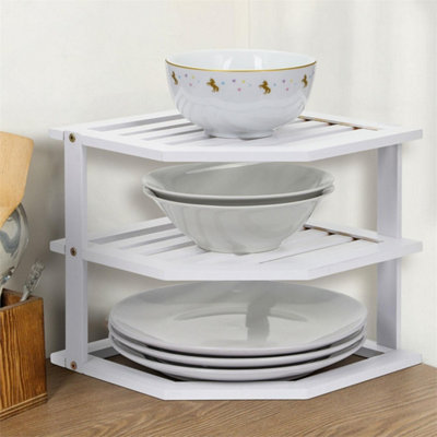White 3 Tier Bamboo Corner Kitchen Plate Rack Cupboard Shelf Insert Tidy Organiser New from B&Q