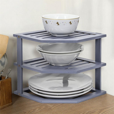 Grey 3 Tier Bamboo Corner Kitchen Plate Rack Cupboard Shelf Insert Tidy Organiser New from B&Q