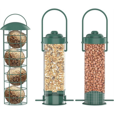 Hanging Garden Bird Feeders Seeds Peanuts Fat Suet Balls Wild Outdoor Set Of 3 from B&Q