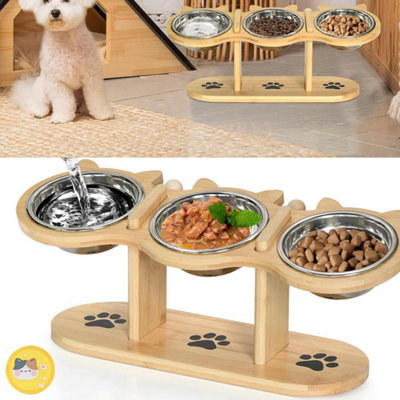 Elevated & Tilted Wooden Pet Feeding Station With 3 Stainless Steel Bowls For Cats & Dogs from B&Q