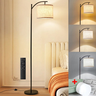  - Modern Black Floor Lamp With Dimmable Led BulbNatural Linen Shade & Remote Control