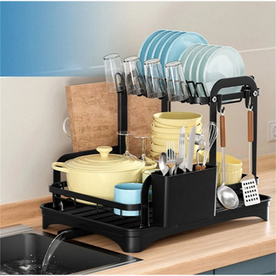 2 Tier Dish Drainer Rack With Drip Tray Cutlery Holder Plate Rack Kitchen Sink