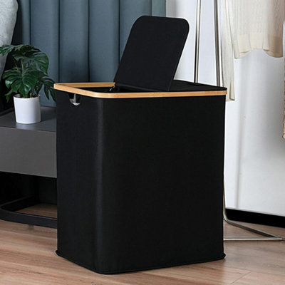140L Black Foldable Laundry Basket & Hamper With Bamboo LidLarge Linen Washing Bin from B&Q