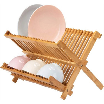 Bamboo Folding Kitchen Dish Rack Plate Bowl Drainer Wooden Drying Stand Holder from B&Q